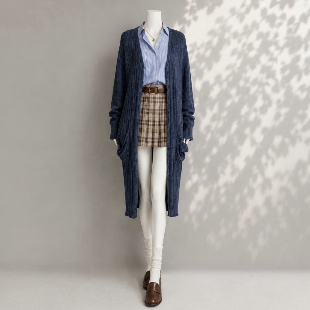 Free People Cardigan Shadow Stripe Navy Longline Ribbed Slouchy Boho Sweater M
